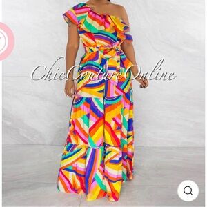Colorful One-Shoulder Maxi Dress - Bold Geometric Stripe Print